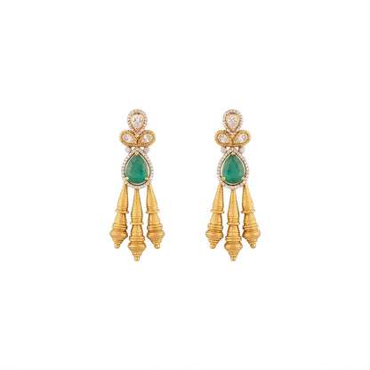 Antique matte gold necklace set with gold cone drops, polki kundan stones, emerald green pear centre stone and matching drop earrings