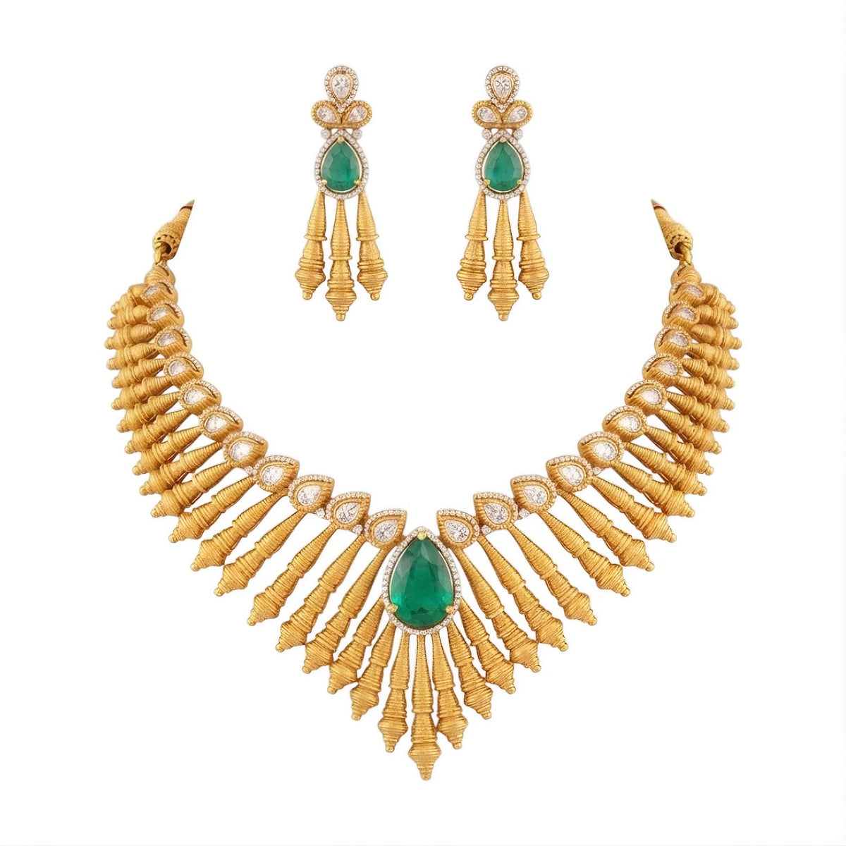 Antique matte gold necklace set with gold cone drops, polki kundan stones, emerald green pear centre stone and matching drop earrings