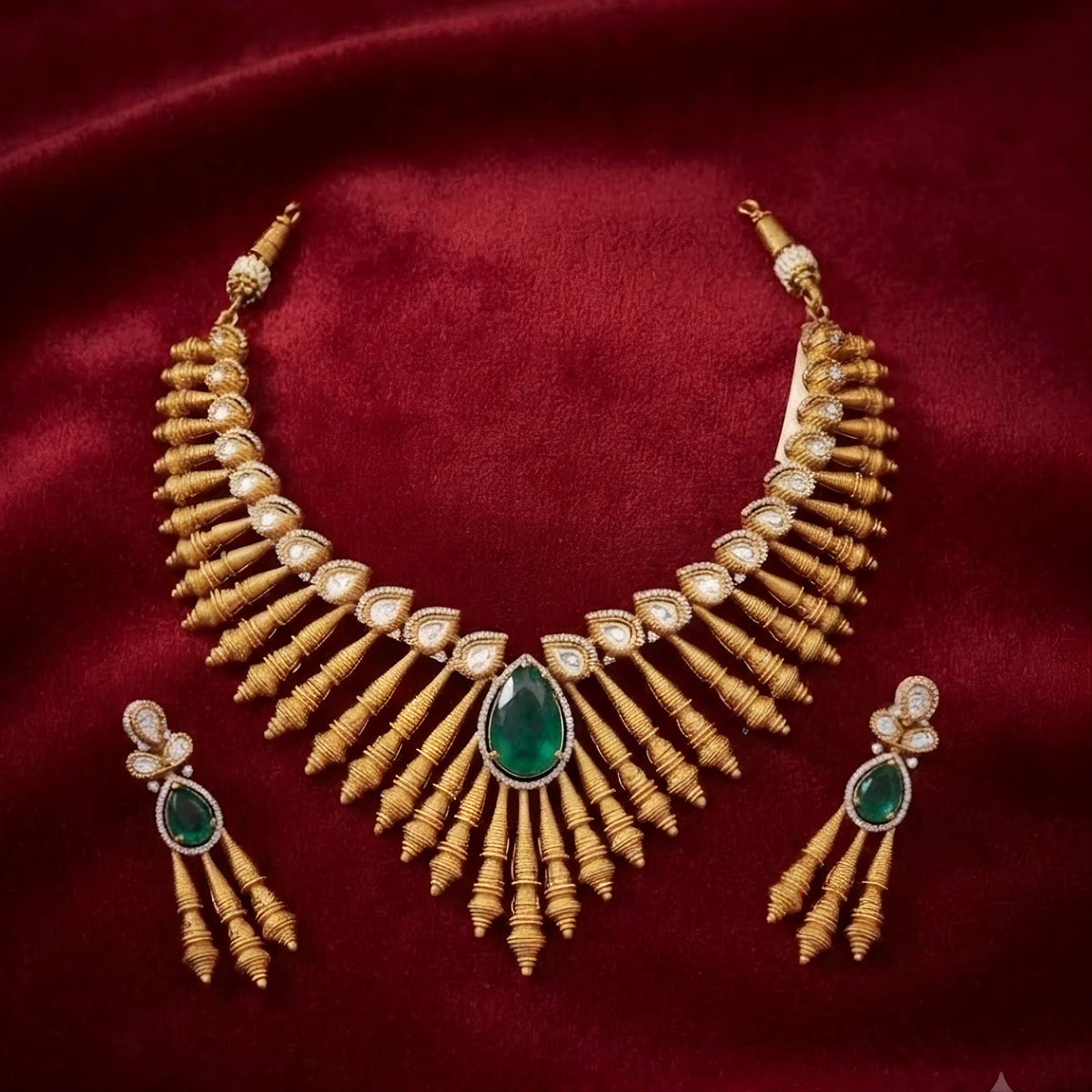 Antique matte gold necklace set with gold cone drops, polki kundan stones, emerald green pear centre stone and matching drop earrings