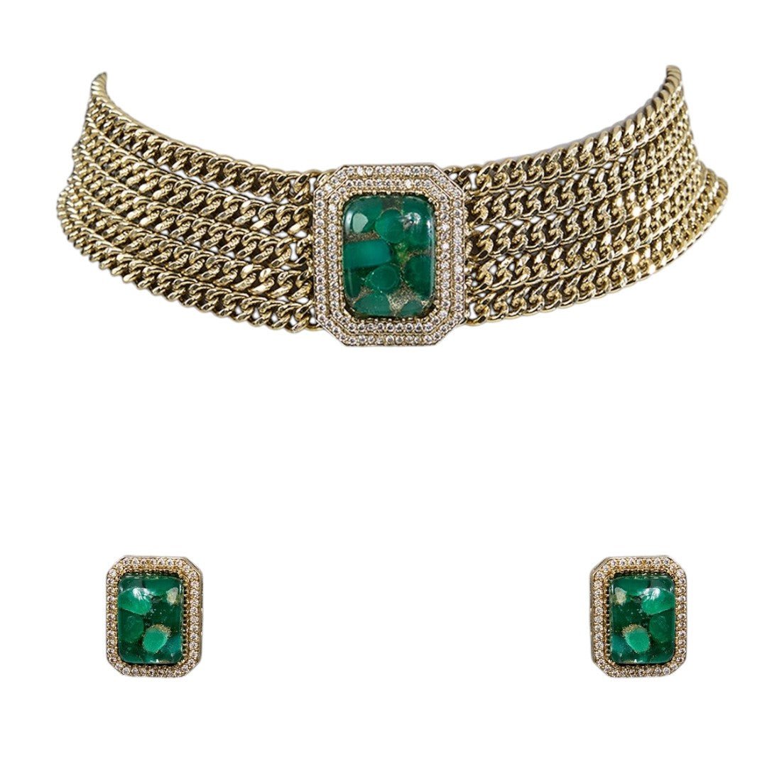 Vintage Emerald Green Choker and Stud Earrings Set - Auraa Trends - Choker - # - Auraa Trends - Vintage Emerald Green Choker and Stud Earrings Set
