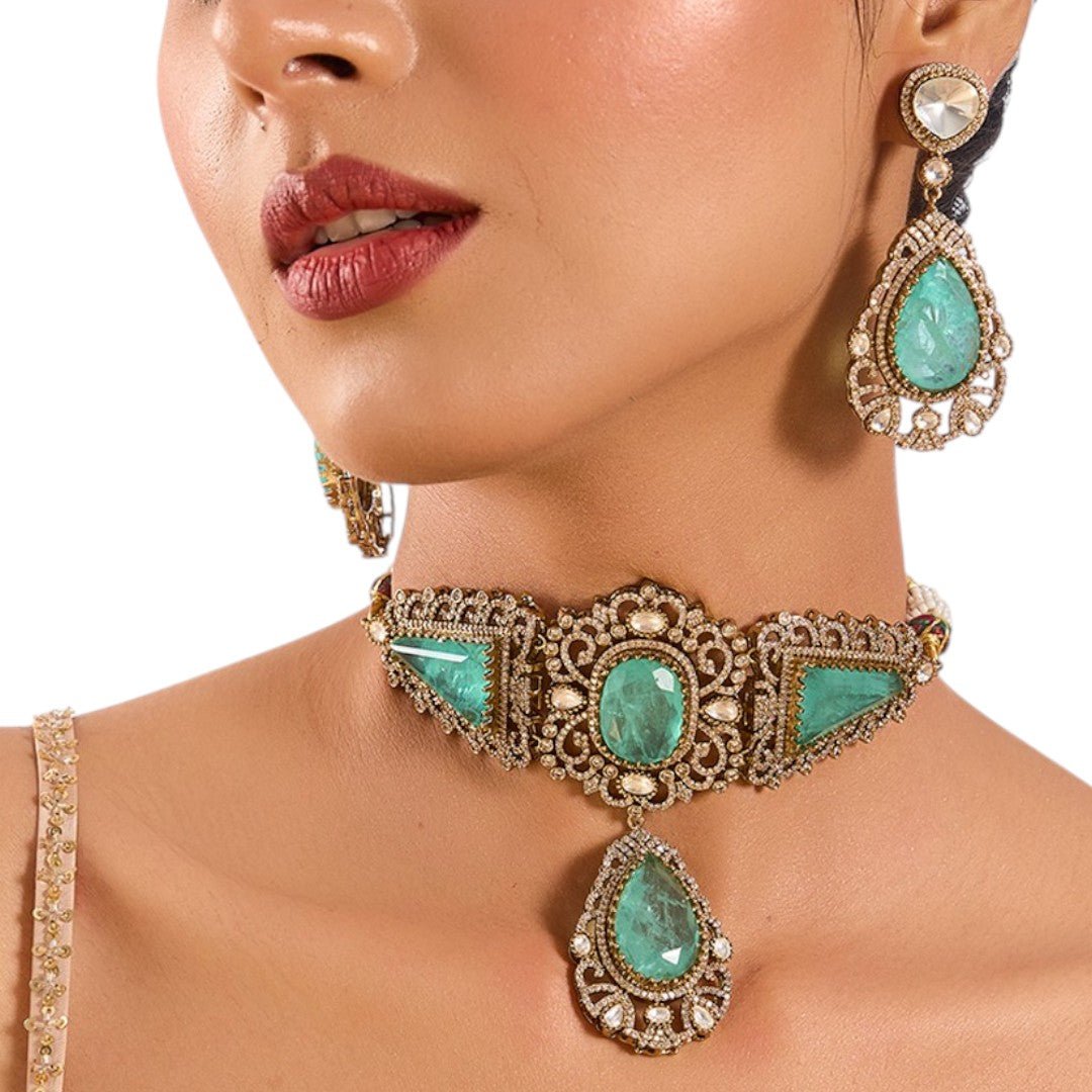 Vintage - Inspired Mint Green Stone Choker Necklace Set with Antique Gold Finish - Auraa Trends - Antique gold bridal jewelry