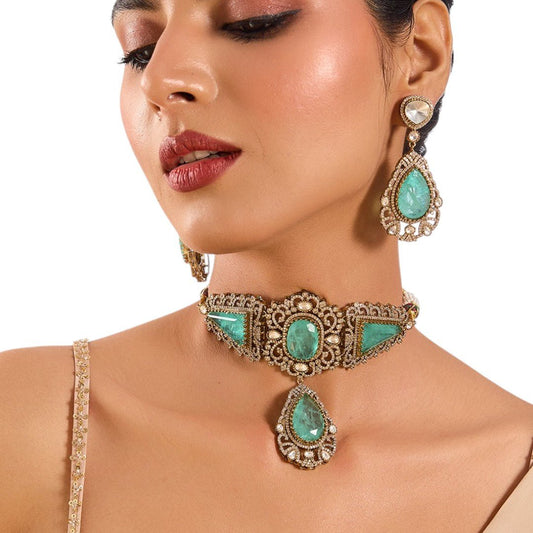 Vintage - Inspired Mint Green Stone Choker Necklace Set with Antique Gold Finish - Auraa Trends - Antique gold bridal jewelry