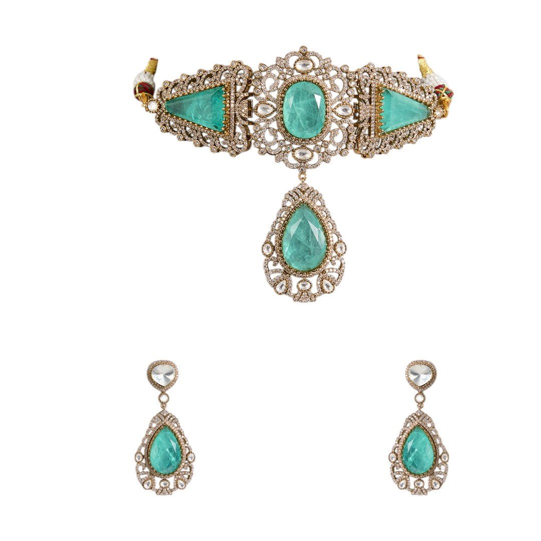 Vintage - Inspired Mint Green Stone Choker Necklace Set with Antique Gold Finish - Auraa Trends - Antique gold bridal jewelry