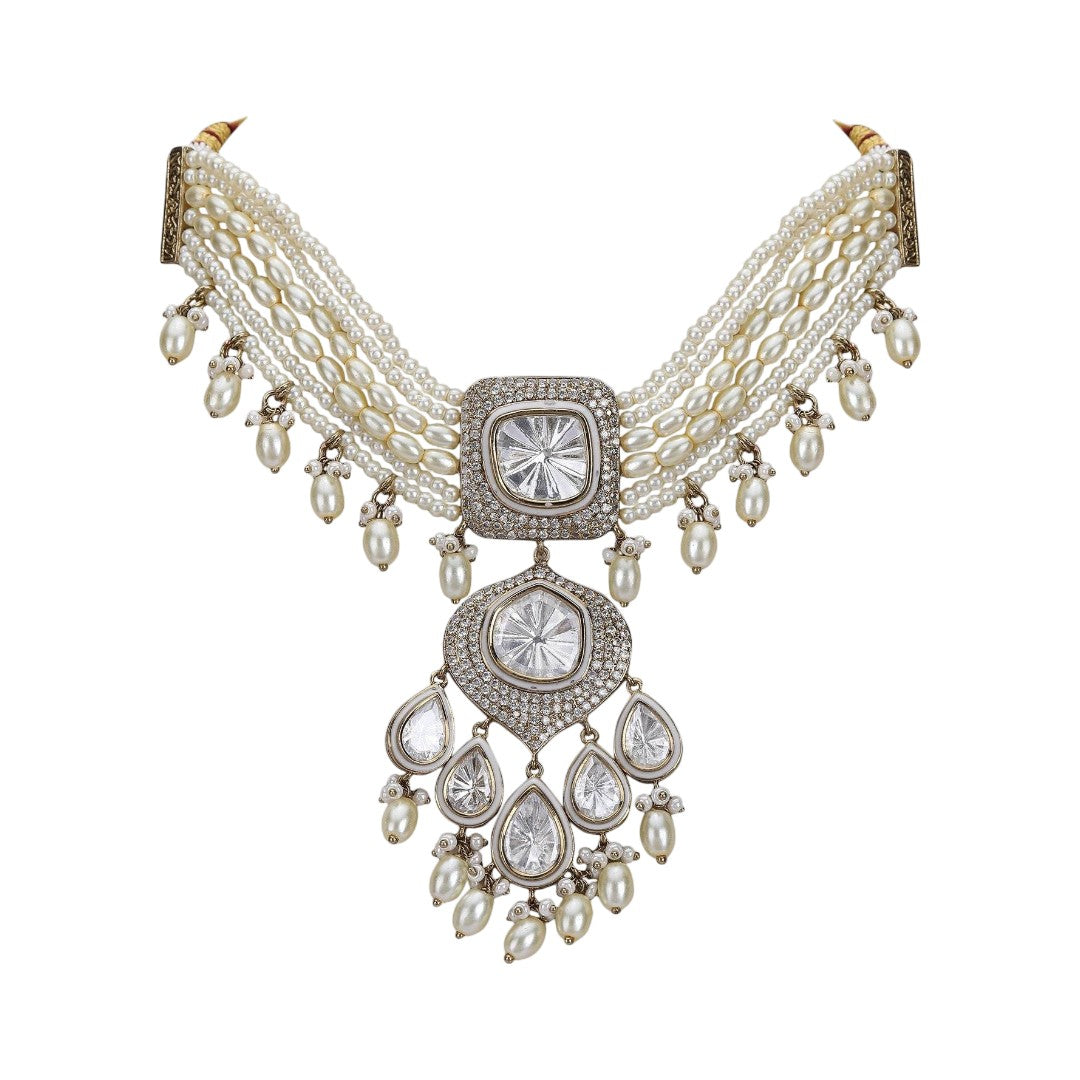 White Rhodium Zircon Choker Necklace Set with Multi-Strand Pearls