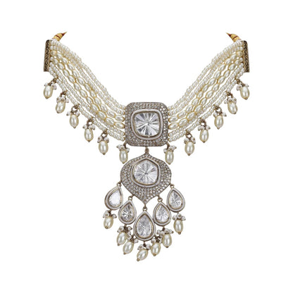 White Rhodium Zircon Choker Necklace Set with Multi-Strand Pearls