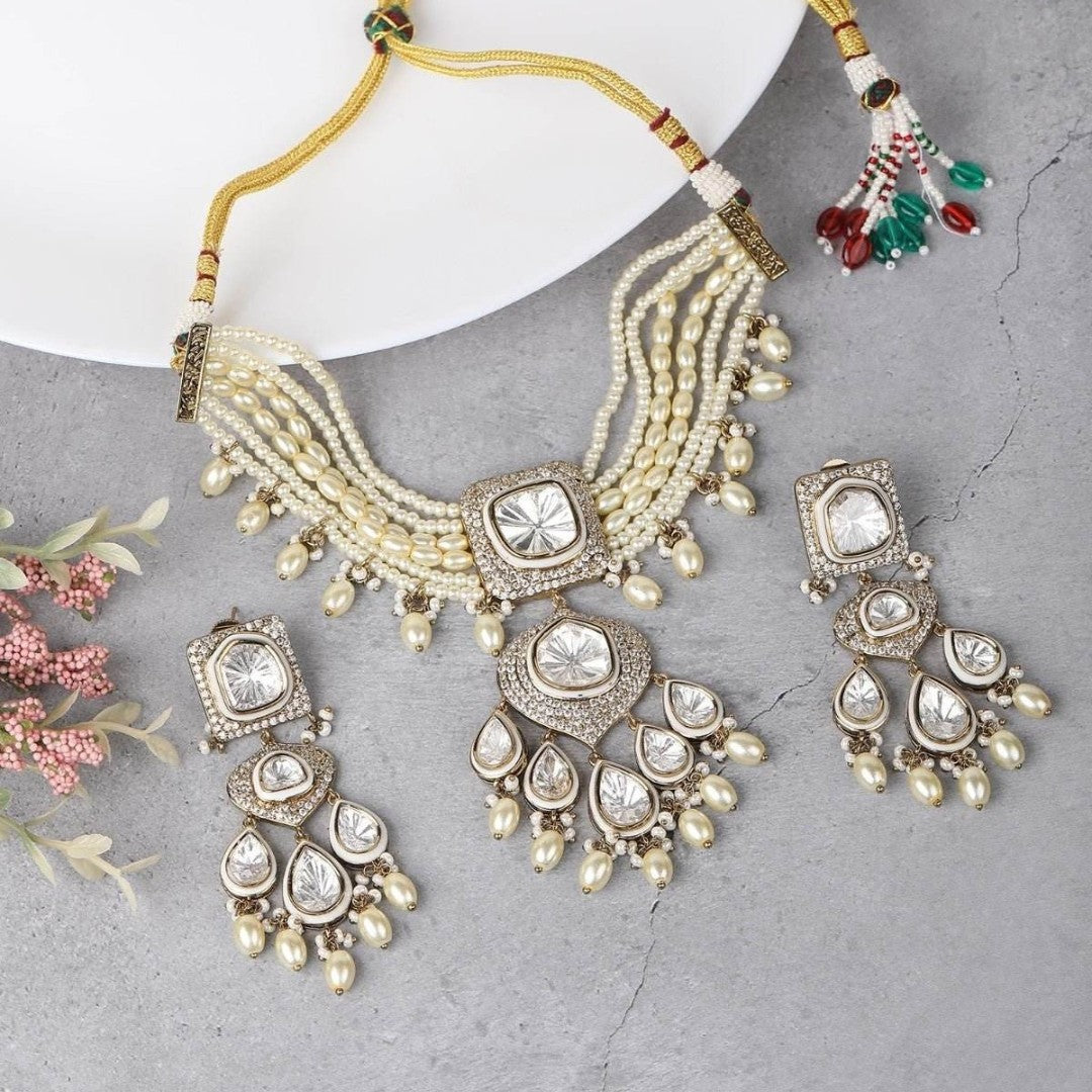 White Rhodium Zircon Choker Necklace Set with Multi-Strand Pearls