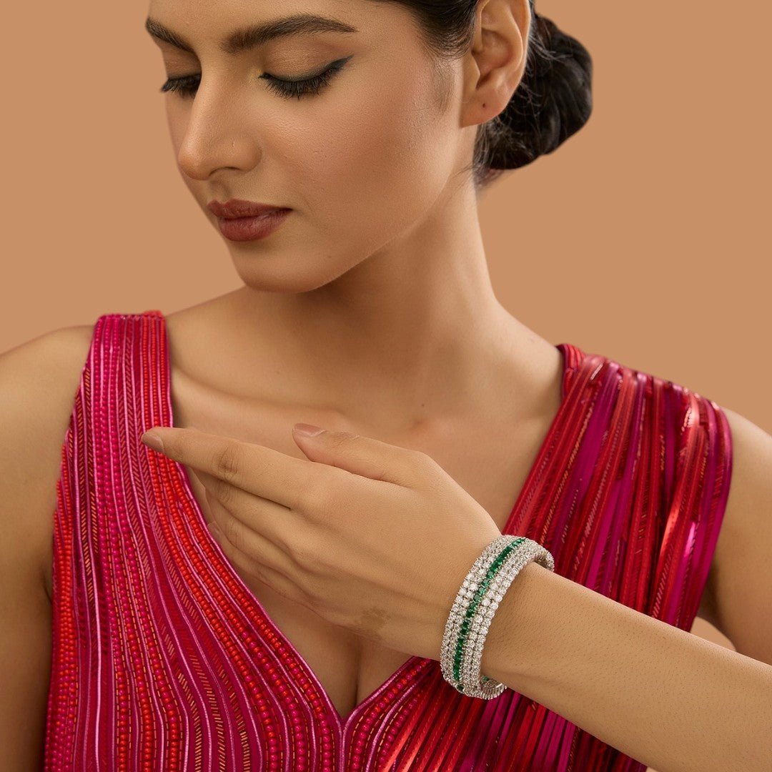 White Finish Green Zircon Bangle - Auraa Trends - Bangles - # - Auraa Trends - White Finish Green Zircon Bangle