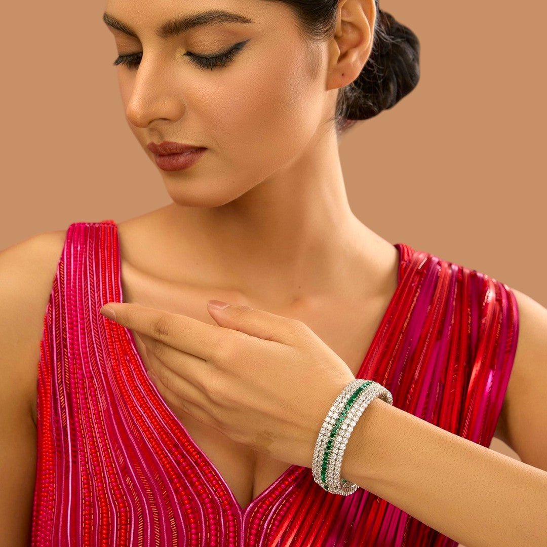 White Finish Green Zircon Bangle - Auraa Trends - Bangles - # - Auraa Trends - White Finish Green Zircon Bangle