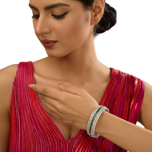 White Finish Green Zircon Bangle - Auraa Trends - Bangles - # - Auraa Trends - White Finish Green Zircon Bangle