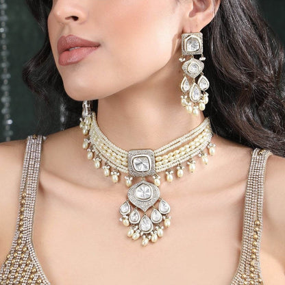 White Rhodium Zircon Choker Necklace Set with Multi-Strand Pearls