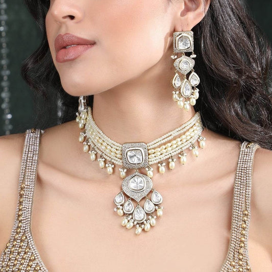 White Rhodium Zircon Choker Necklace Set with Multi-Strand Pearls