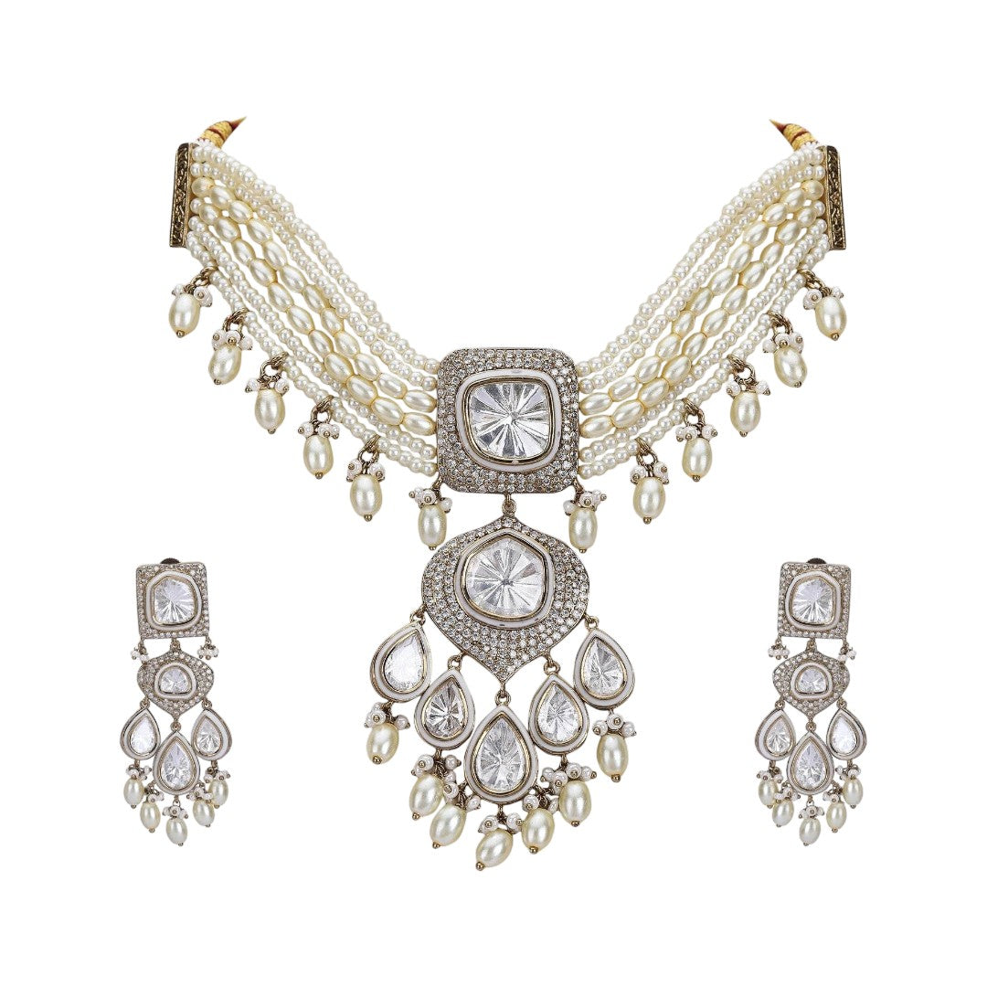 White Rhodium Zircon Choker Necklace Set with Multi-Strand Pearls