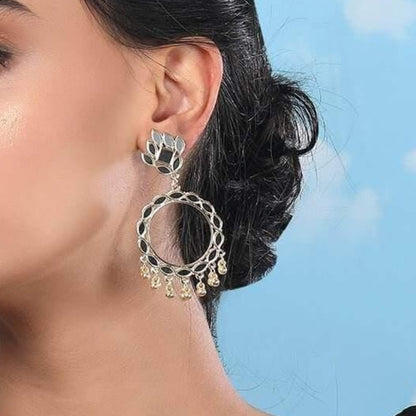 White enamel gold hoop earrings with ghungroo bead drops